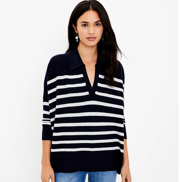 Loft Navy and White Striped Poncho Sweater - Picture 1 of 2